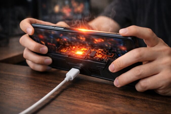 高負荷と発熱がゲーミングスマホに与える負担を表現したイメージ