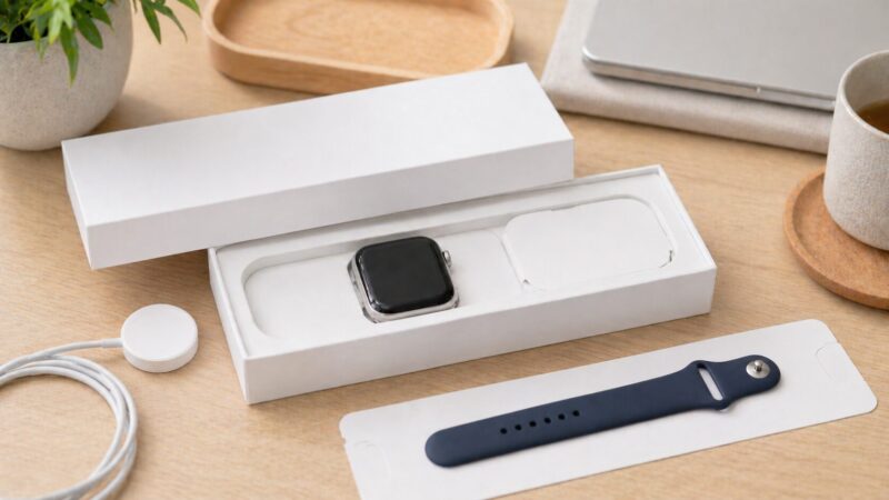 Apple Watch Series 10の新品購入を検討する場面を表した開封前後のスマートウォッチ画像