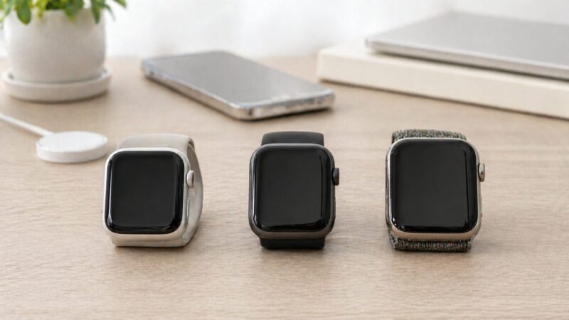 Apple Watch Series 9、Series 10、Series 11の世代差を表現した3本のスマートウォッチ比較画像