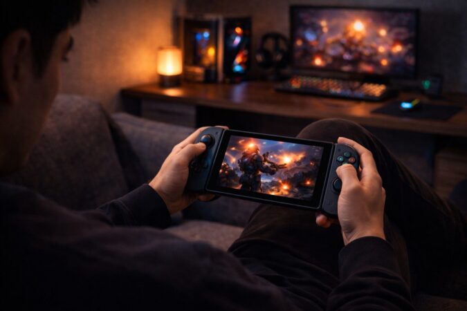 小型タブレットでPCゲームのリモートプレイを楽しむSteam活用イメージ