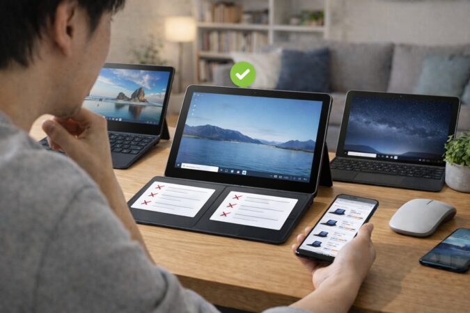 個人利用に合うモデルを選ぶために複数の小型2in1PCを比較するSurface Go 4の選び方イメージ