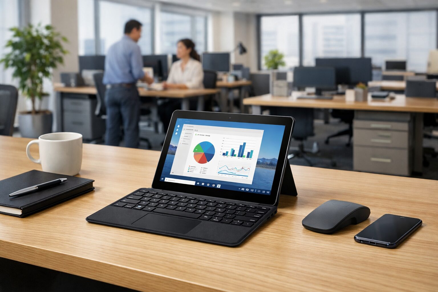 法人利用をイメージしやすいオフィス空間で、小型2in1PCと別売キーボードが置かれたSurface Go 4の利用イメージ