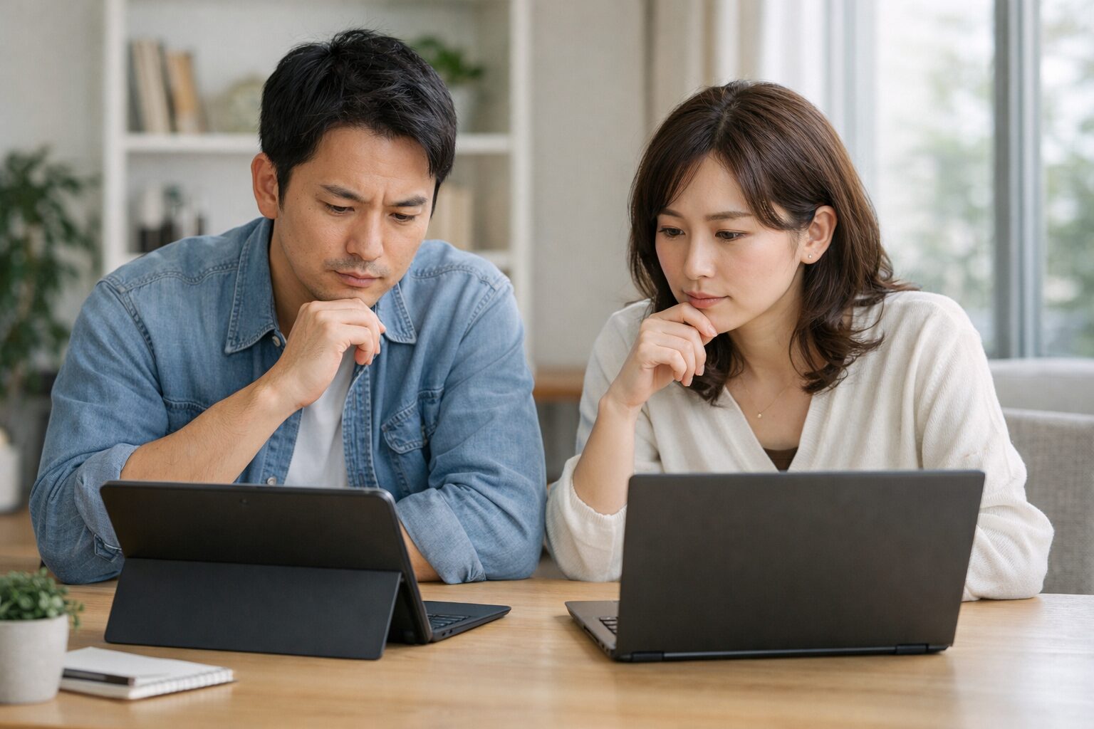 Surface Pro 11の購入可否を検討する日本人ユーザーが2in1 PCとノートPCを比較している写真風イメージ
