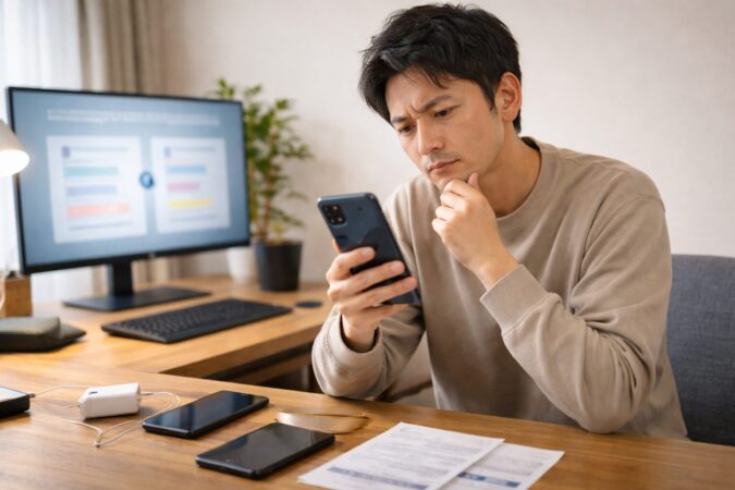UMIDIGIは大丈夫か不安を感じながら格安スマホを確認する日本人男性