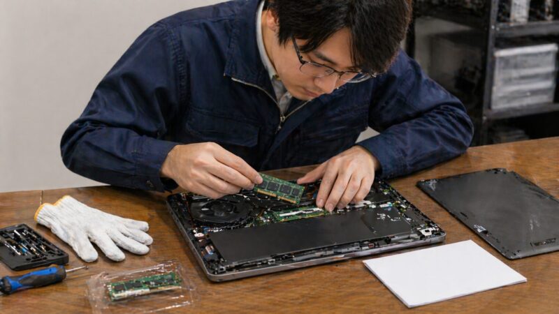 ノートパソコンのメモリ増設を確認する日本人技術者