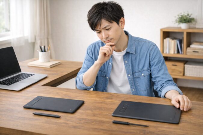日本人ユーザーが2種類のペンタブレットを比較して選んでいる様子