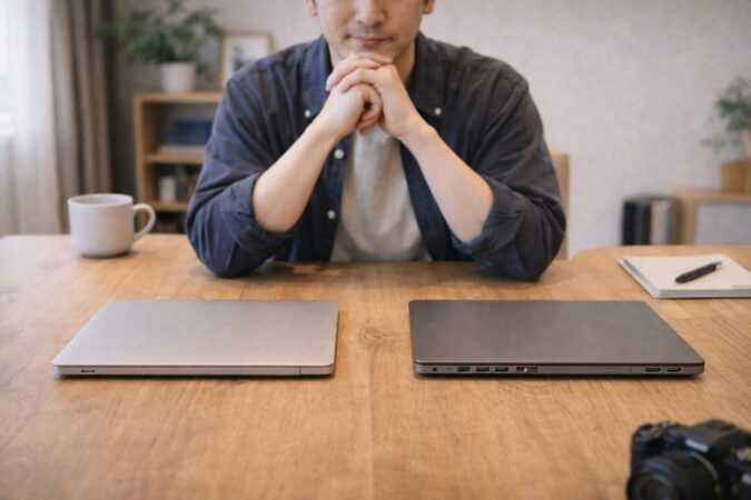 薄型ノートPC同士を比較して自分に合うモデルを検討するイメージ