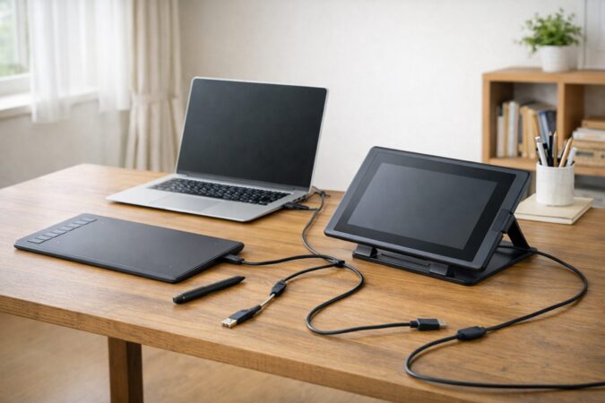 ペンタブレット使用時の配線や設置の注意点を示すデスク環境