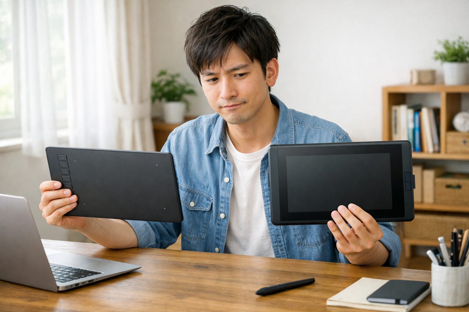 日本人ユーザーが板タブと液タブを比較しながら安全に選ぼうとしている様子