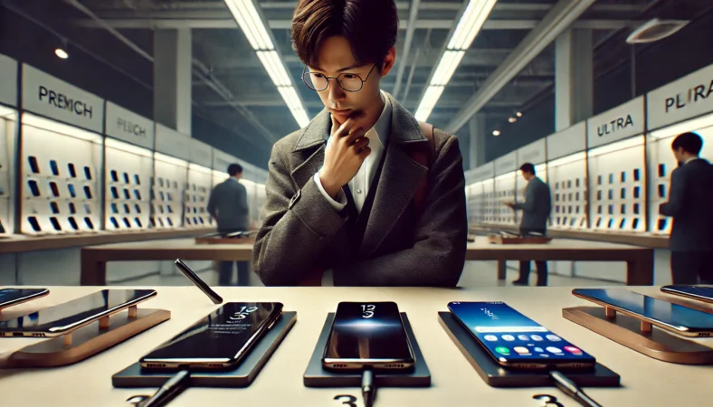 高額なハイエンドスマホを前に日本人購入検討者が価値と満足度を慎重に見極めている横長イメージ