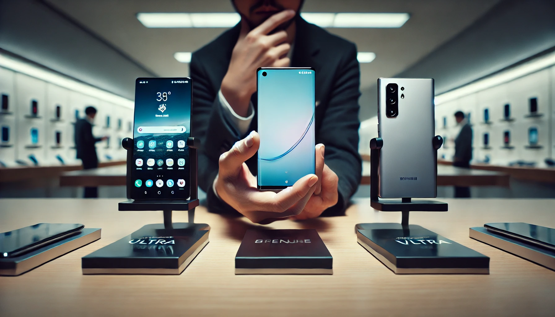 高額なハイエンドスマホを前に日本人購入検討者が価値と満足度を慎重に見極めている横長イメージ