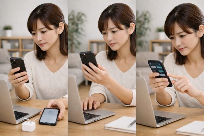 iPhone17へ機種変更する際のau利用者の初期設定と通信確認のイメージ