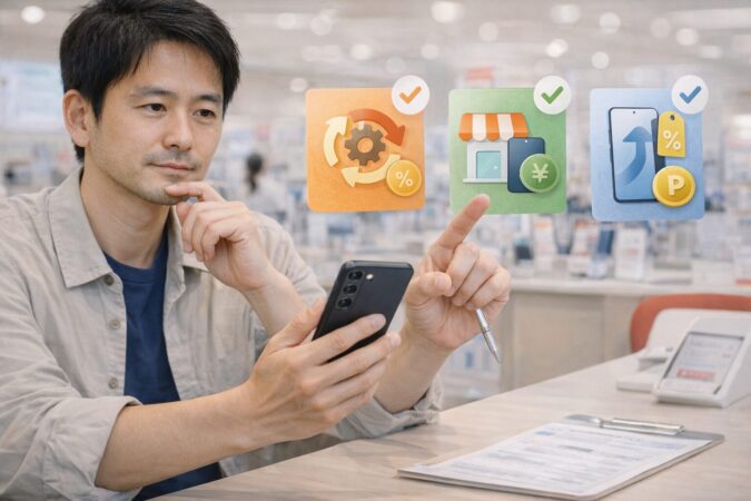 Galaxy S25の割引条件を契約パターン別に比較するイメージ