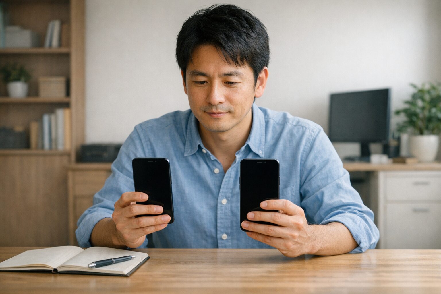 日本人のテクニカルサポート経験者が2台のスマートフォンを比較して選び方を考えているイメージ