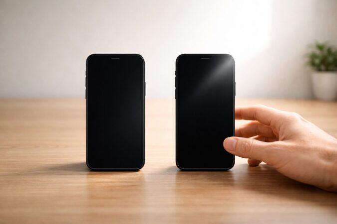 2台のスマートフォンを並べて本命モデルを比較しているイメージ