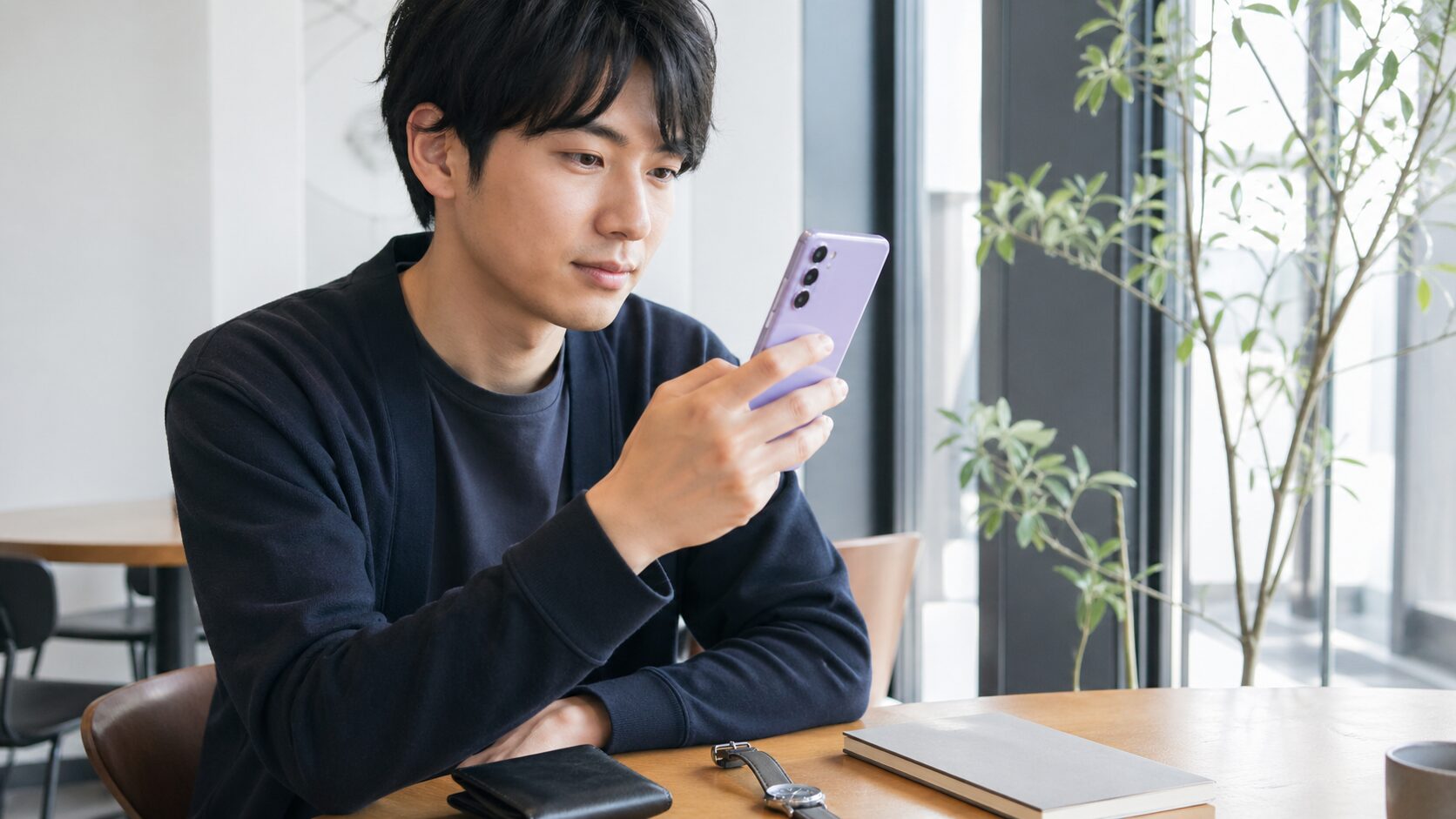 ラベンダーカラーのスマホを自然に持つ日本人男性の落ち着いたコーディネート