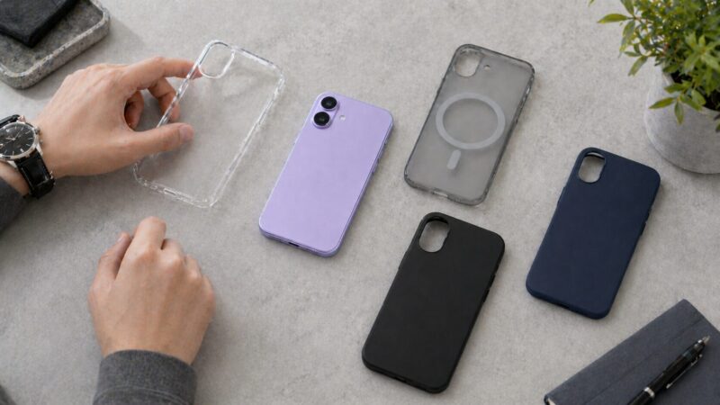 ラベンダースマホに合わせるケースを選ぶ日本人男性の手元