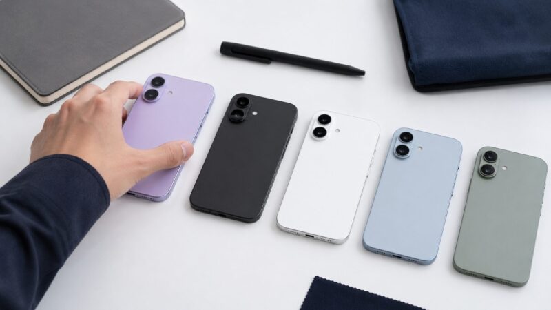 複数カラーのスマホからラベンダーを選ぶ日本人男性の手元