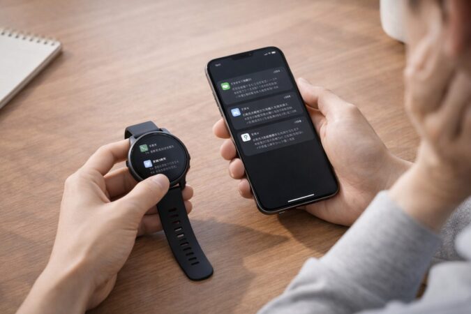 スマートフォンと丸形スマートウォッチの連携や相性を確認する比較イメージ