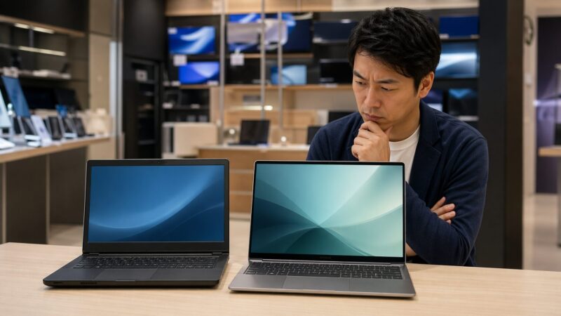 旧世代寄りノートPCと現行寄りモデルを比較する場面