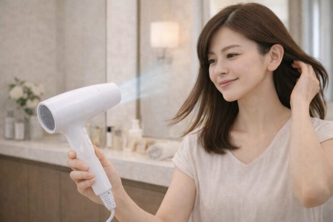 上位モデルのドライヤーで髪を乾かし満足そうな表情を見せる日本人女性