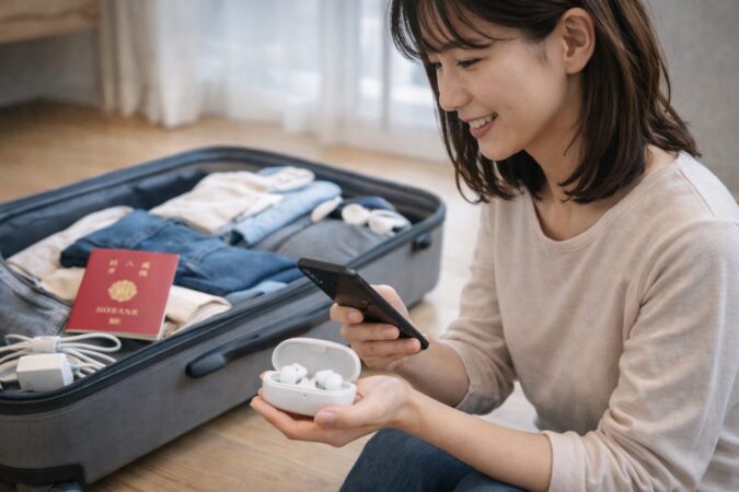 海外旅行に向けて翻訳イヤホンを準備する日本人女性