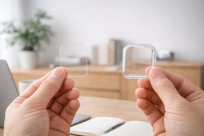 Apple Watchの薄型フィルムと一体型ケースを比較するイメージ