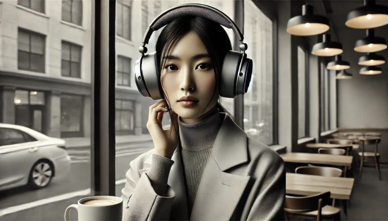 カフェでAirPods Max風ヘッドホンを着けた日本人女性の見た目と雰囲気が分かるイメージ