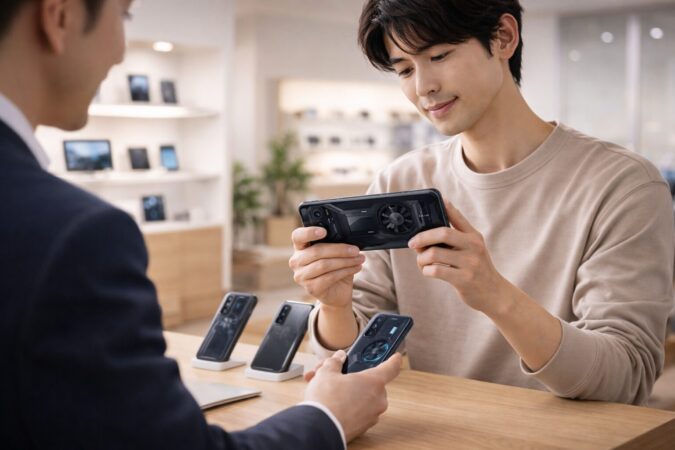 安心できる購入先で高性能スマホを選ぶ雰囲気を表した文字なしの横長画像