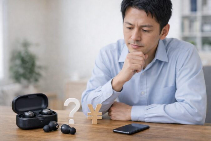 高機能イヤホンを前に価格と価値のバランスを考えるイメージ