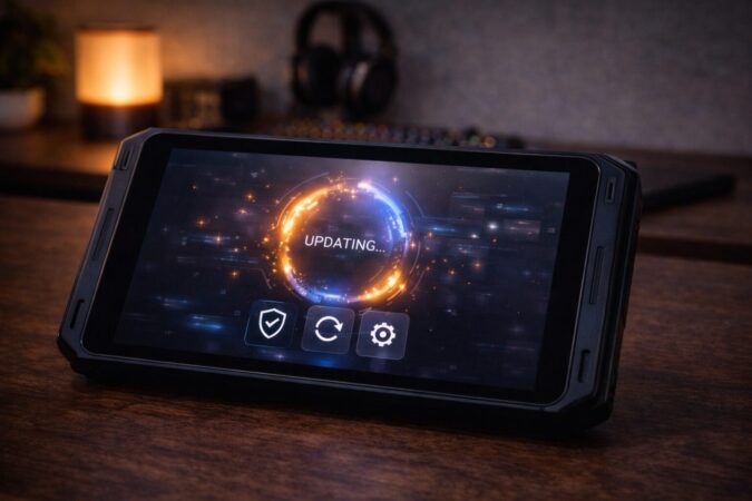 小型ゲーミングタブレットのソフト更新と安定性確認を表現したアップデートイメージ