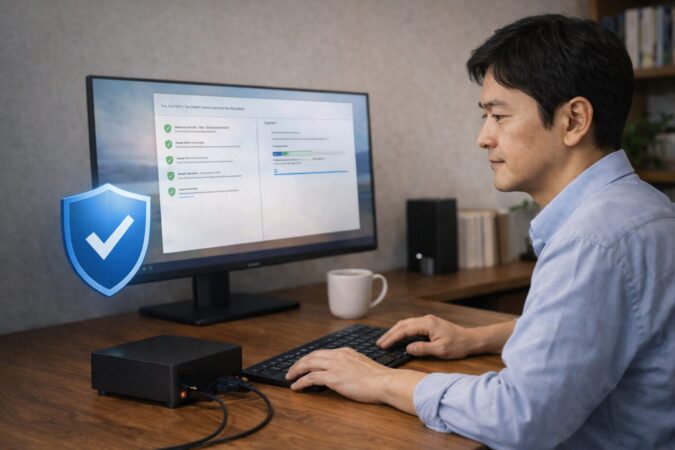 MINISFORUM購入後の初期設定とセキュリティ確認を行うイメージ