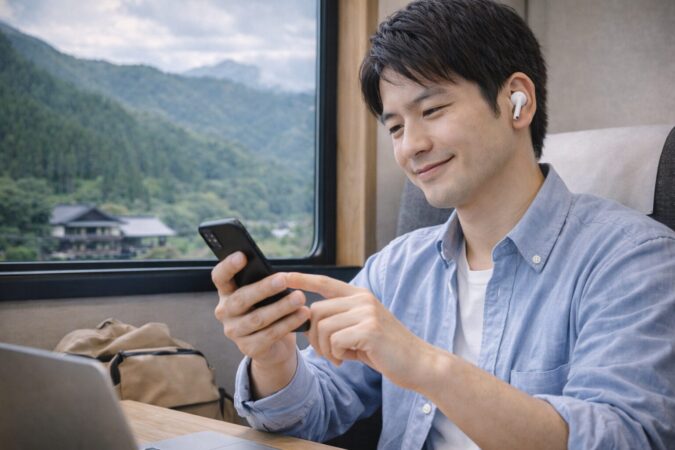 通信が不安な旅行先で翻訳イヤホンを使う日本人男性