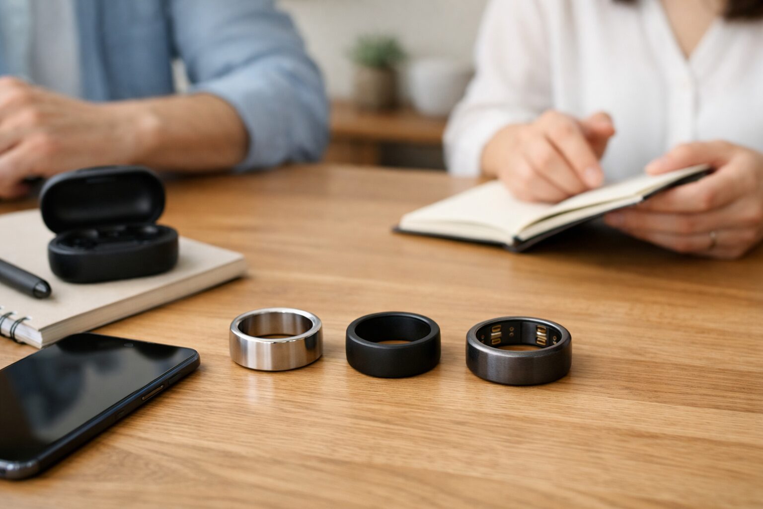 3種類のスマートリングを机上で比較する日本人ユーザーの手元イメージ