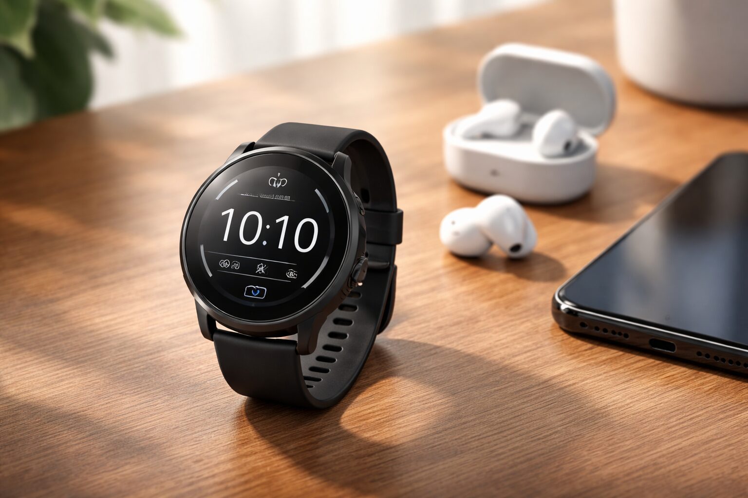 丸形スマートウォッチ本体を机上で撮影したガジェットレビュー導入イメージ