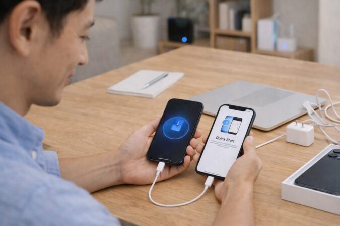 iPhone17へのクイックスタートを2台のスマホで進める手順イメージ