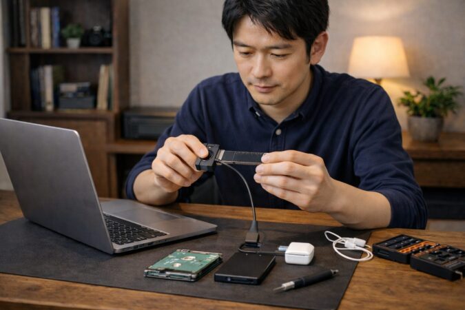 SSDクローン作業の前に接続やバックアップを確認しているイメージ