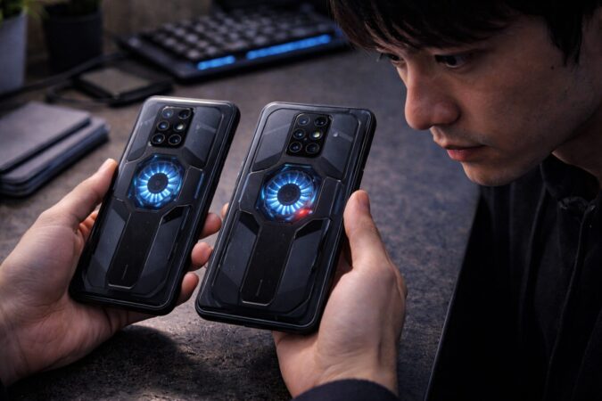 日本版とグローバル版のスマホを慎重に比較する購入判断イメージ