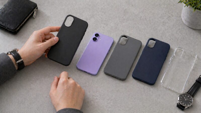 ラベンダースマホに落ち着いたケースを合わせて印象を整える様子