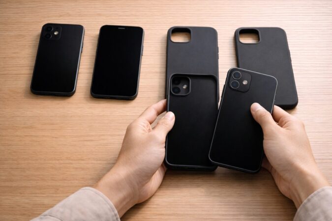 スマートフォンケースの互換性を確認しているイメージ