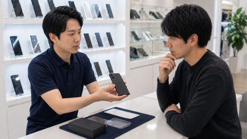 中古スマホショップでXperia 5 Vの状態や保証を確認する日本人客