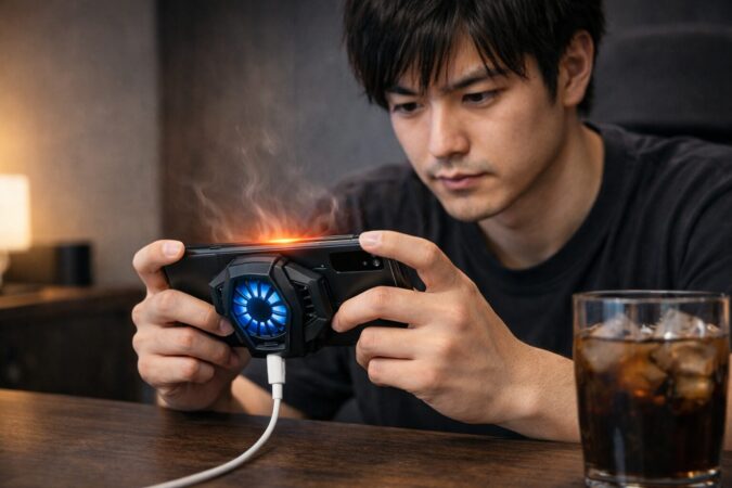 ゲーミングスマホの発熱を冷却しながら遊ぶ日本人ユーザーの様子