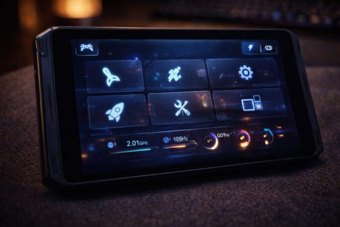 ゲーム向け専用UIの使いやすさを表現した小型ゲーミングタブレット画面イメージ