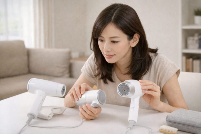 2台のドライヤーの構造やコード周りを比較して耐久性を確認する様子