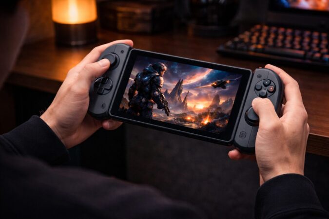小型ゲーミングタブレットと外付けコントローラーの相性を示す実用シーン