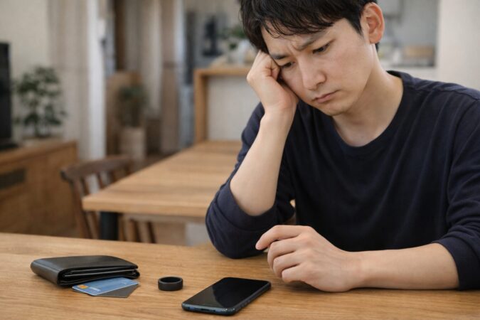 スマートリングの費用負担を考えて悩む日本人男性の比較シーン