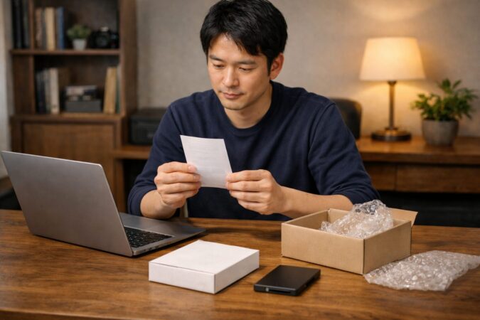 SSD購入時に販売元や保証条件を慎重に確認しているイメージ