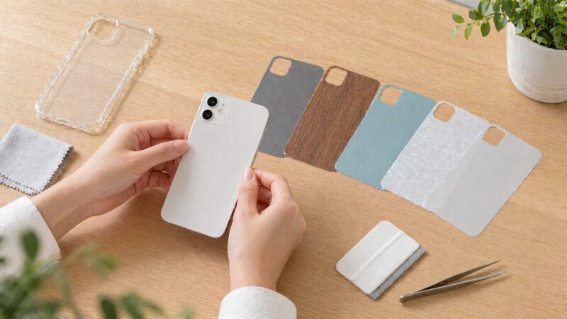 スマホ背面にスキンシールを貼って本体色の印象を変える作業風景