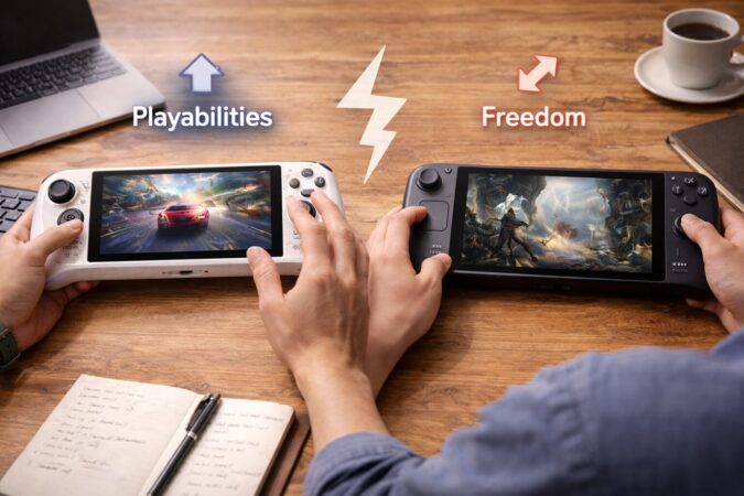 操作性と自由度の違う携帯ゲーミングPCを比較するイメージ