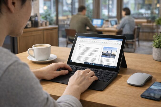 カフェで軽作業に使われる小型2in1PCから見るSurface Go 4の使用感とスペックの実用イメージ